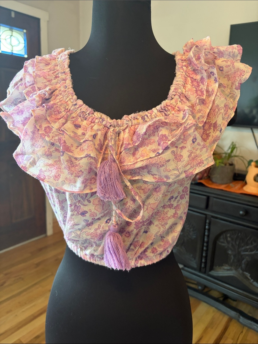 LoveShackFancy Lavender Floral Ruffled Crop Top with Tassels